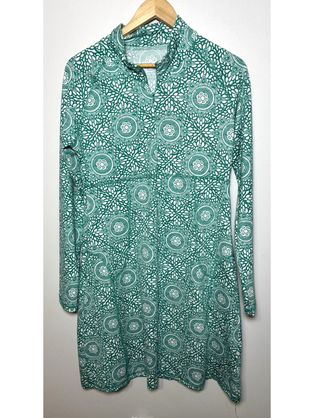 Soybu Dress Womens Large Green White Long Sleeve Quarter Zip A-Line Mock Neck